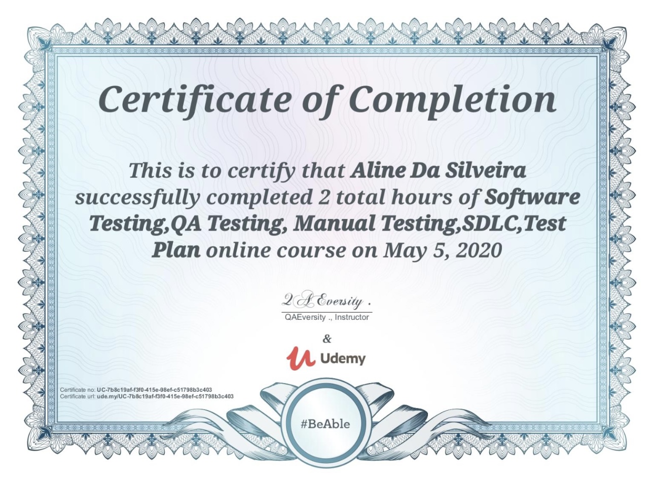 Certificado Software Testing, QA Testing, Manual Testing, SDLC, Test Plan